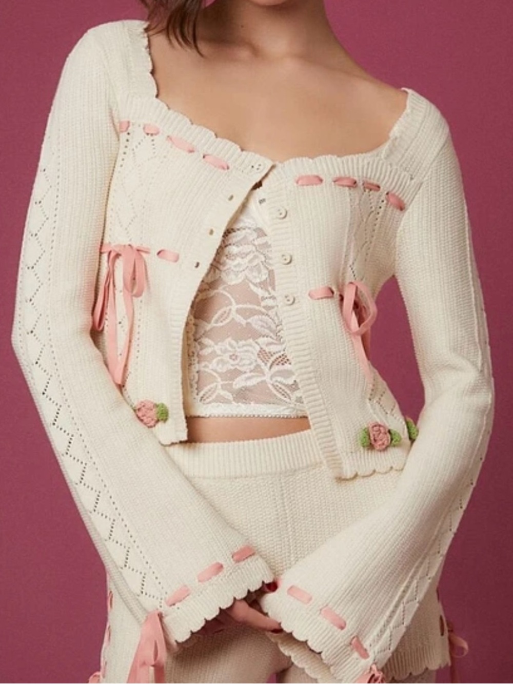 Forever 21 X Betsey Johnson Sweater Women Medium Ivory Rosette Coquette Romantic